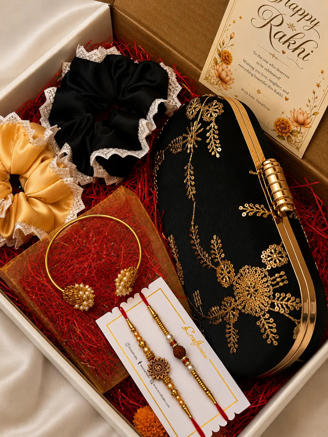 Rakhi Hamper - Noore Clutch & Twin Lotus Pearl Bangle YuvaStree