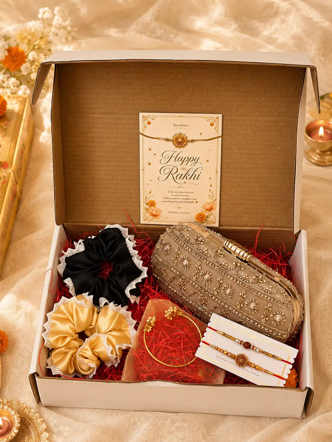 Rakhi Hamper - Noore Clutch Gold & Twin Lotus Pearl Bangle YuvaStree