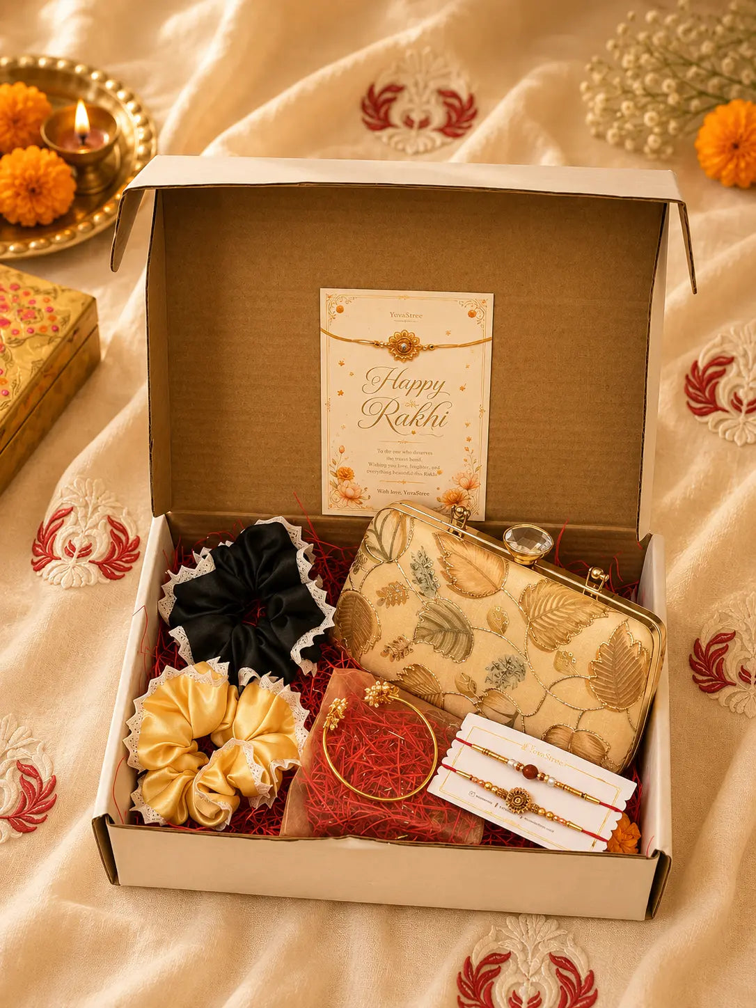 Rakhi Hamper - Aura Box Clutch - Yellow Gold & Twin Lotus Pearl Bangle YuvaStree