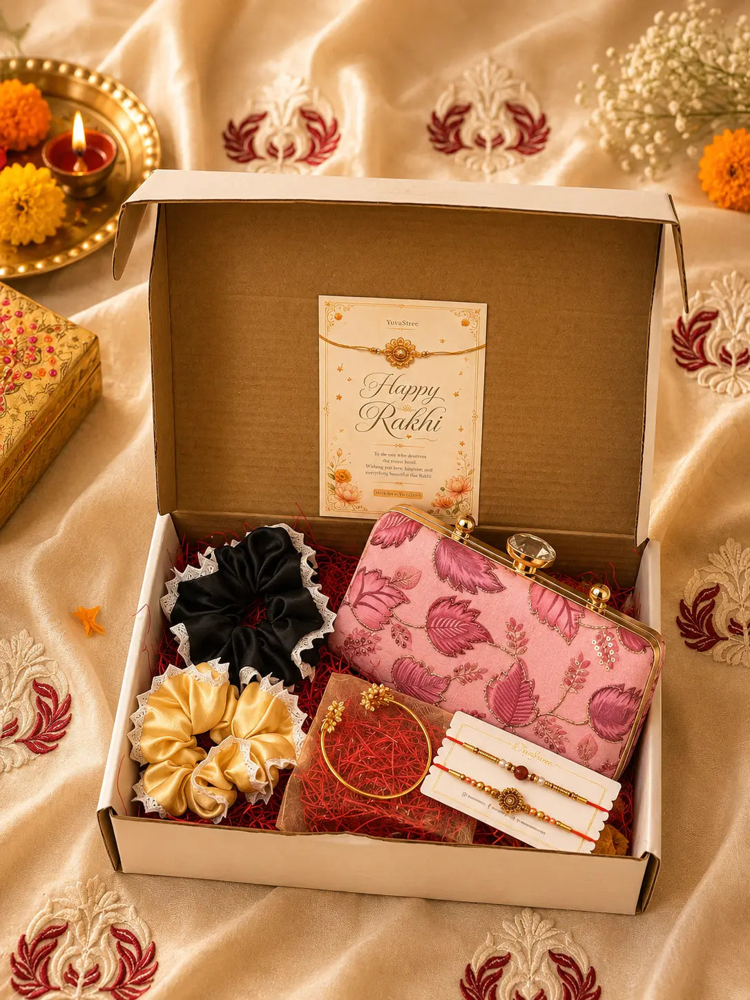 Rakhi Hamper - Aura Box Clutch - Pink & Twin Lotus Pearl Bangle YuvaStree