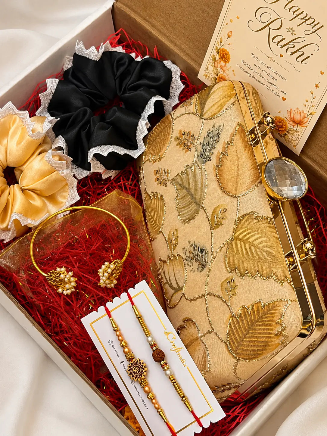 Rakhi Hamper - Aura Box Clutch - Yellow Gold & Twin Lotus Pearl Bangle YuvaStree