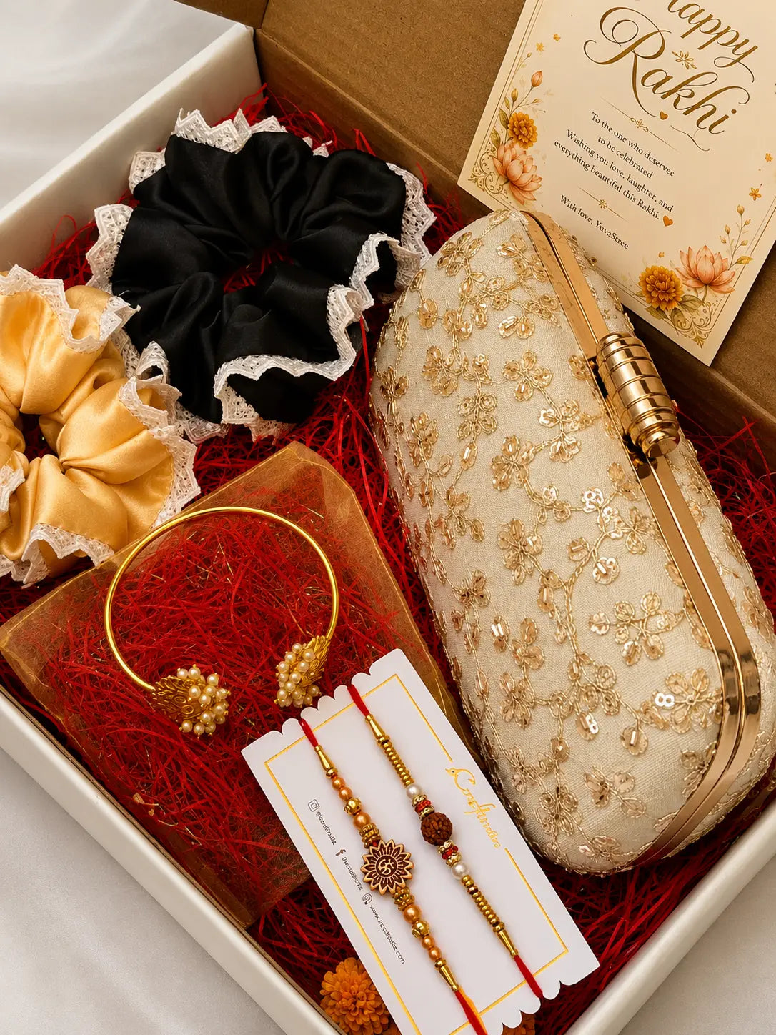Rakhi Hamper - Noore Clutch Light Gold & Twin Lotus Pearl Bangle YuvaStree
