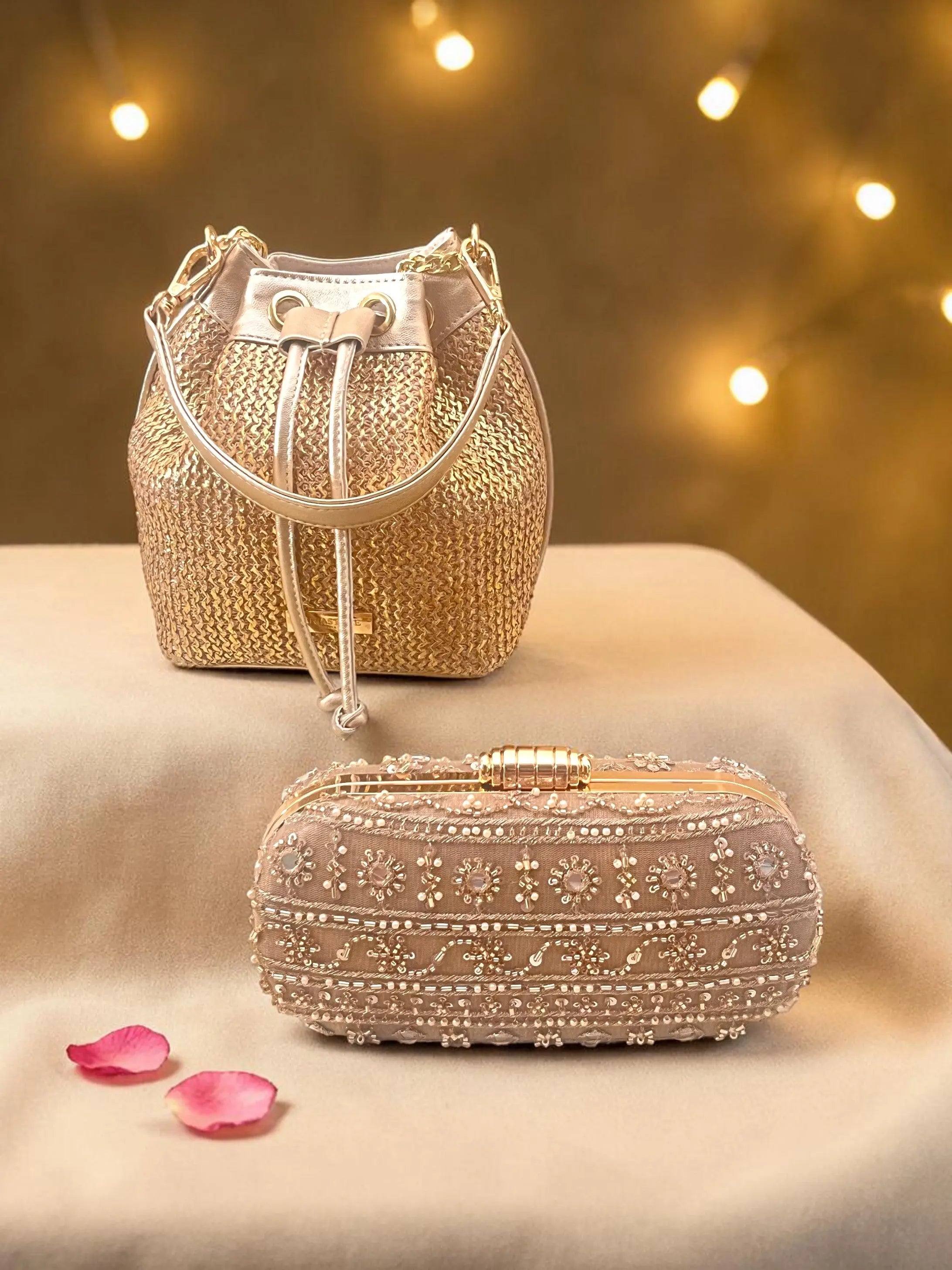 Bestseller Combo - Evaara Bucket Bag Antique Rose & Capsule Clutch Gold Set of 2 YuvaStree
