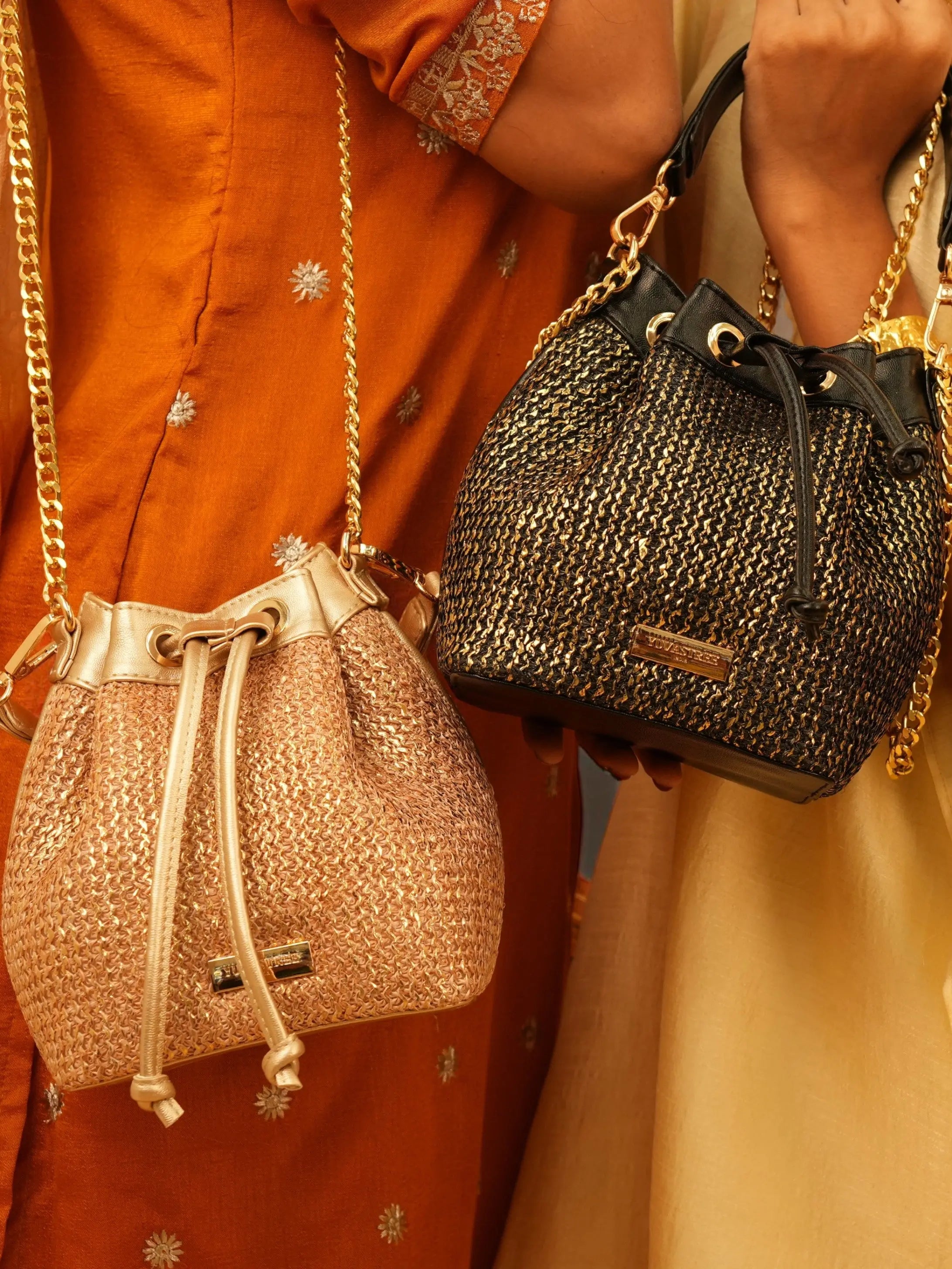 The Evaara Bucket Bag combo - Antique Rose & Midnight Gold Set of 2 YuvaStree