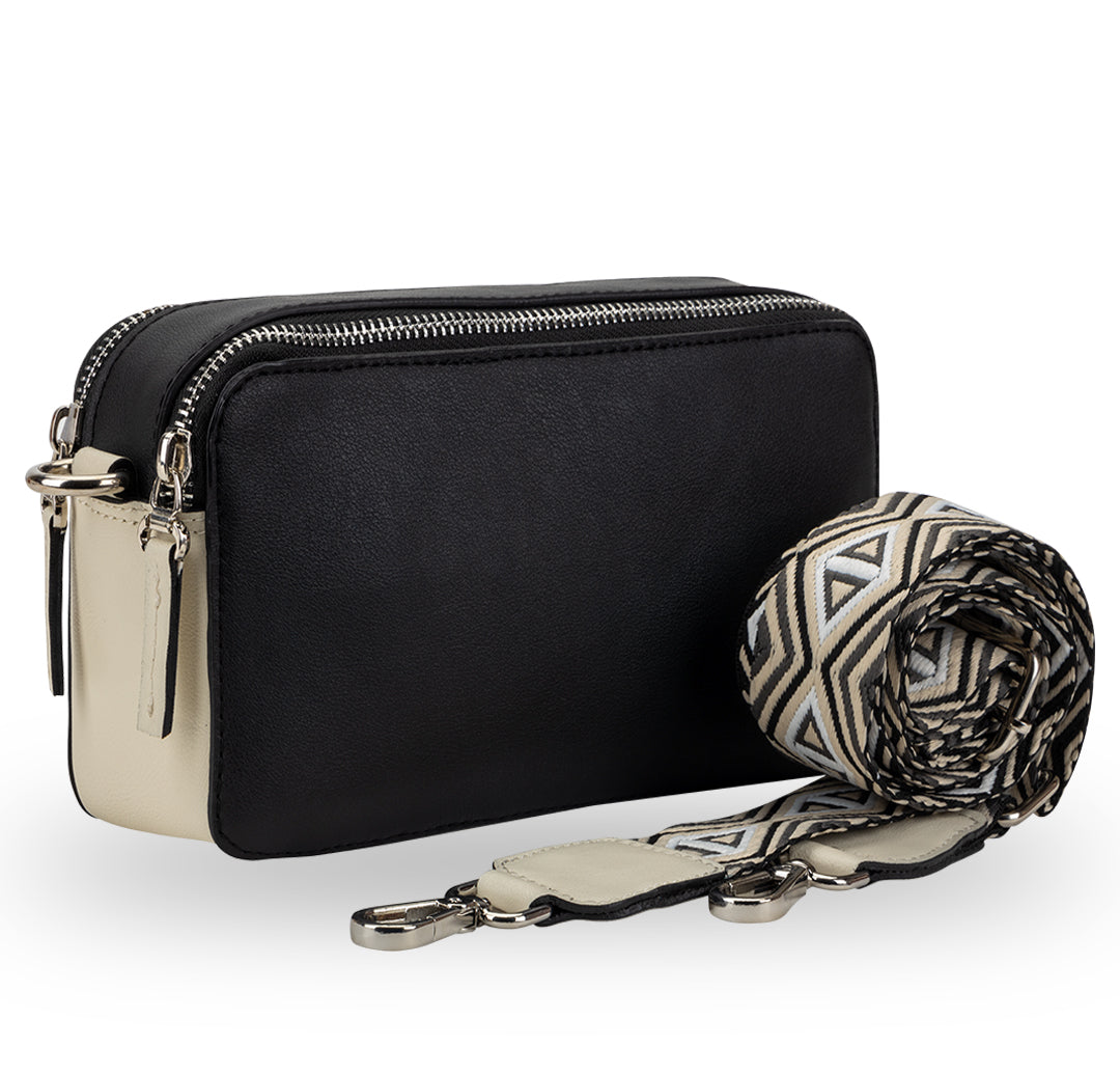 Elysian Double Zip Crossbody Bag - Black  White YuvaStree