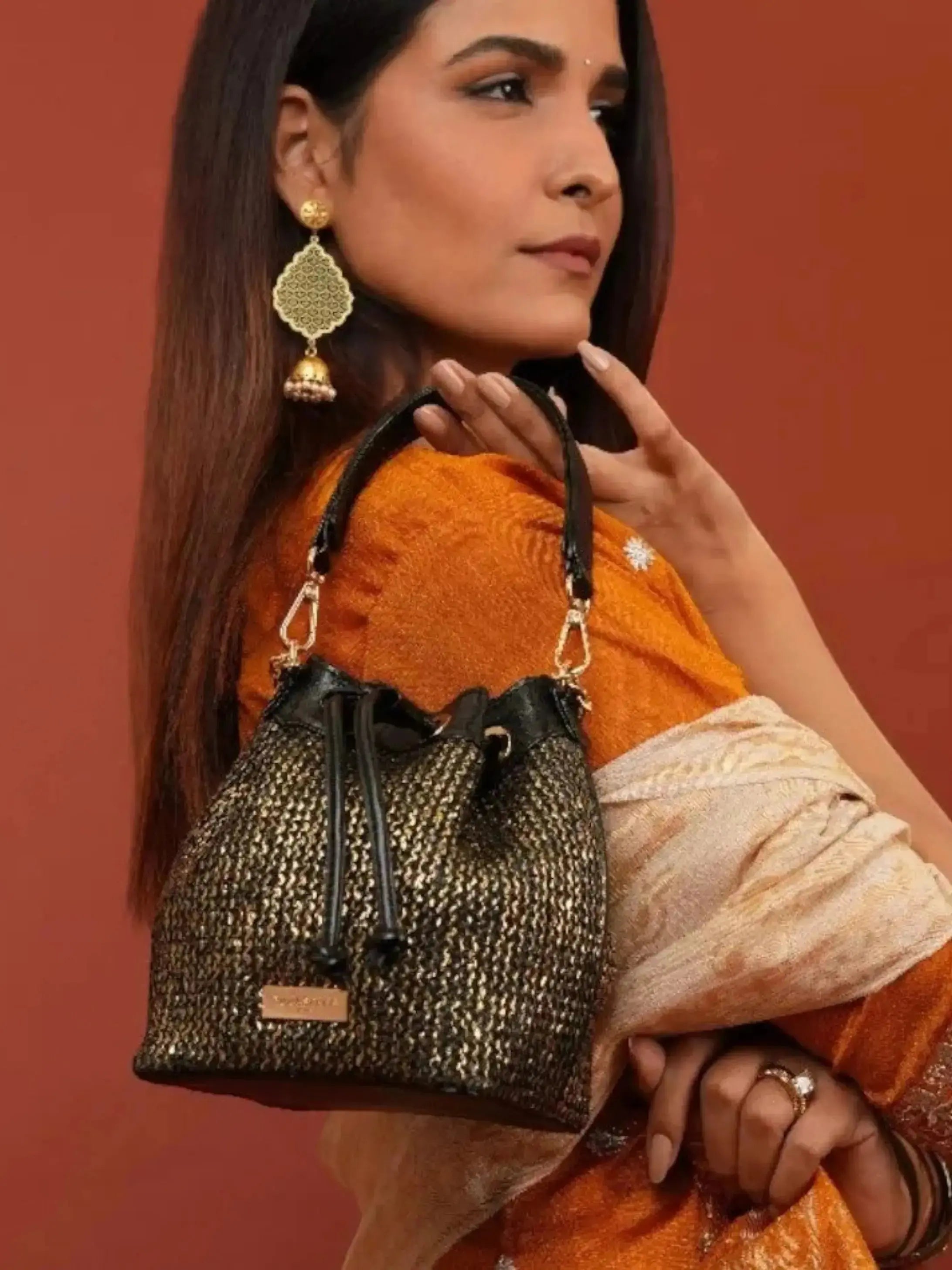 The Evaara Bucket Bag combo - Antique Rose & Midnight Gold Set of 2 YuvaStree