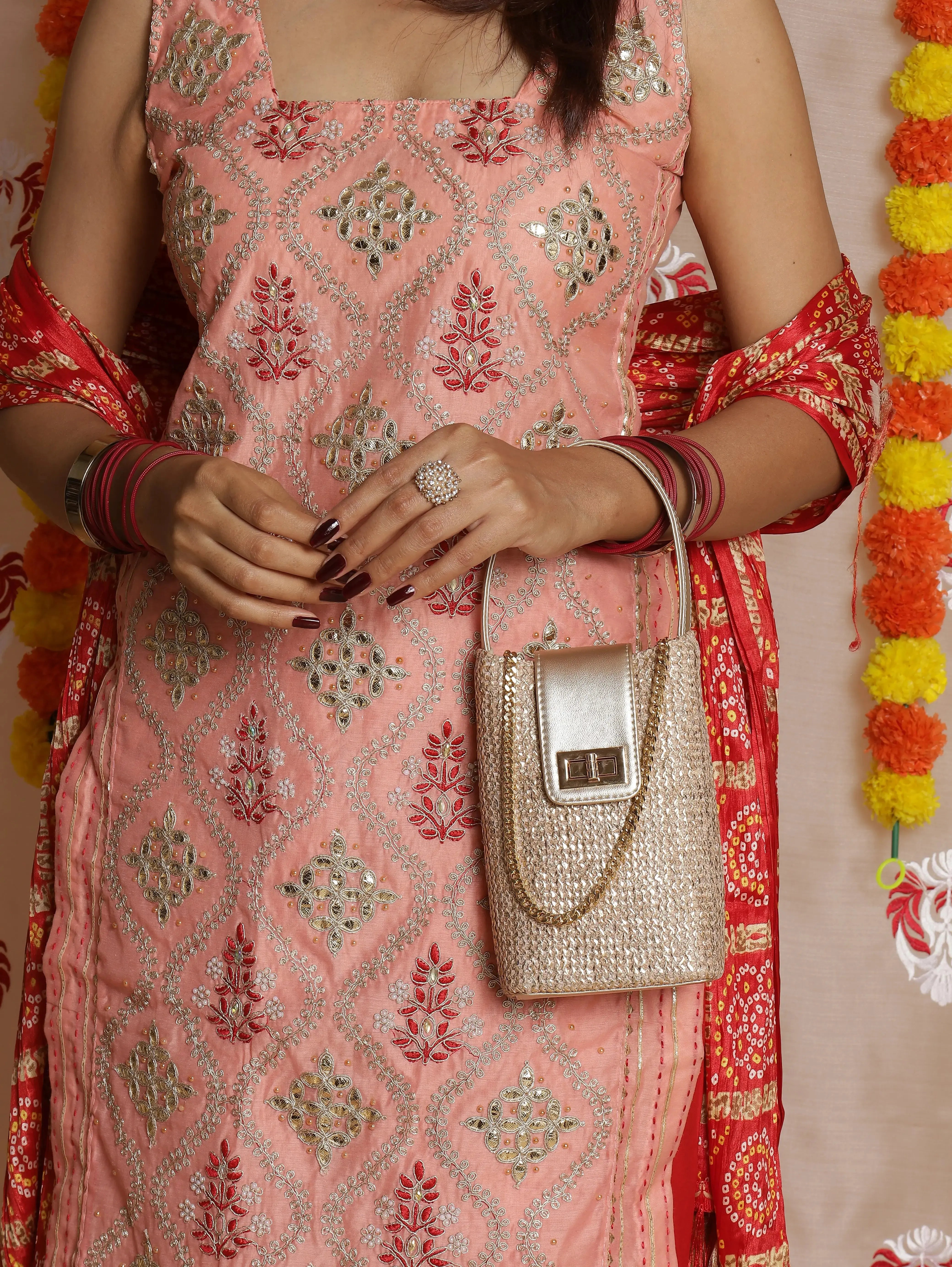 Bling Combo - Noor Mini Sling Antique Rose and Noore Capsule Clutch Gold Set of 2 YuvaStree