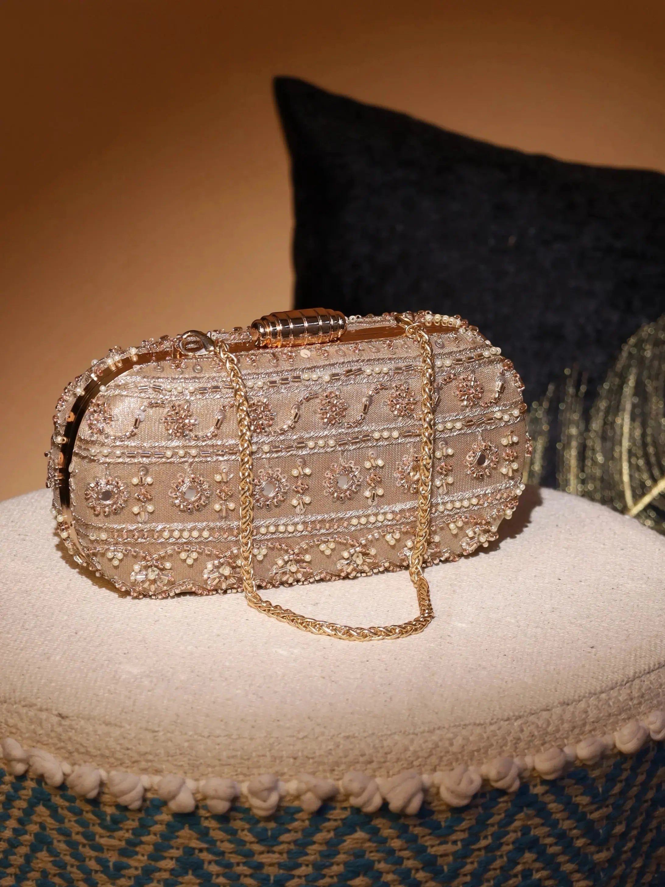The Celebration Duo - Noor Mini Sling Antique Rose and Noore Capsule Clutch Gold Gift Set of 2 YuvaStree