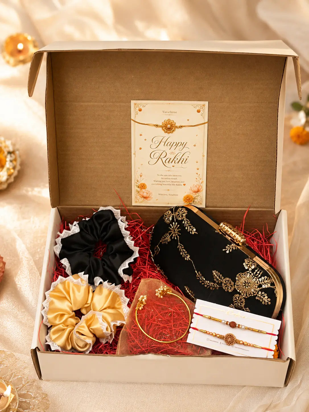Rakhi Hamper - Noore Clutch & Twin Lotus Pearl Bangle YuvaStree