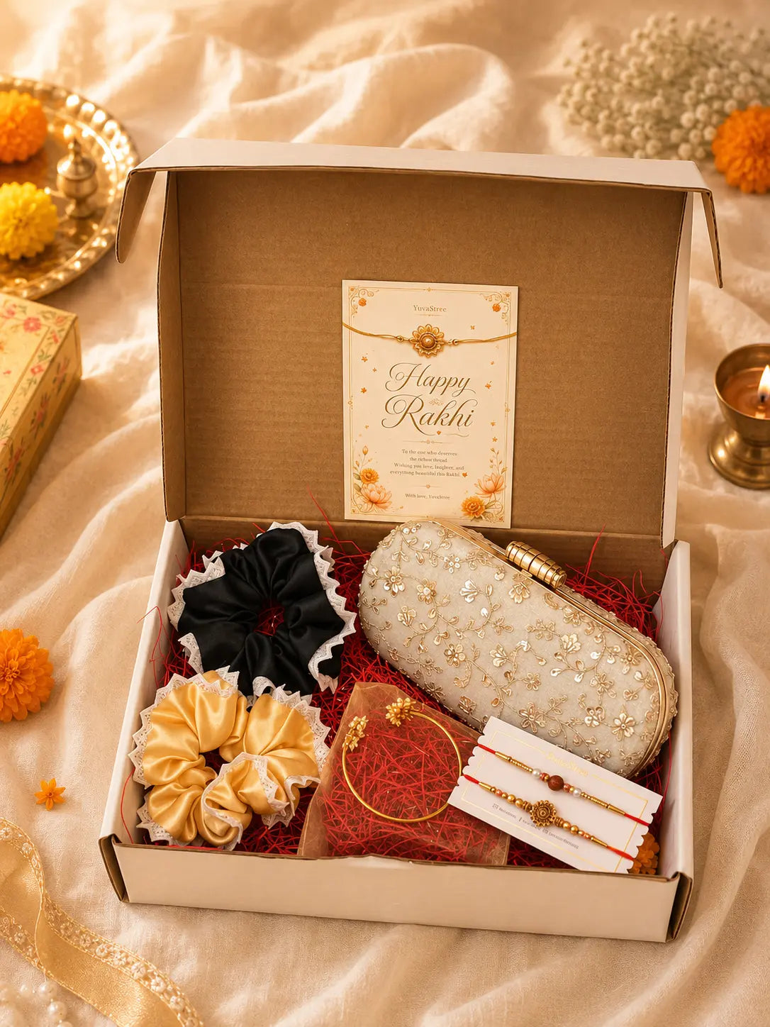 Rakhi Hamper - Noore Clutch Light Gold & Twin Lotus Pearl Bangle YuvaStree