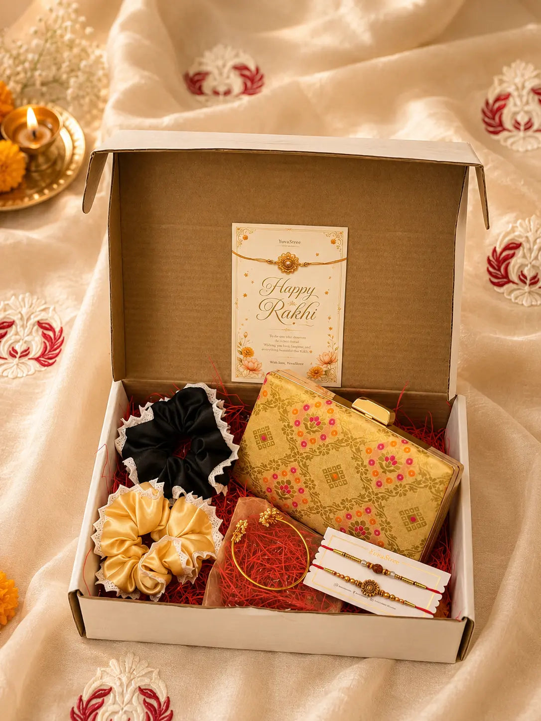 Rakhi Hamper - Annie Box Clutch - Beige Gold & Twin Lotus Pearl Bangle YuvaStree