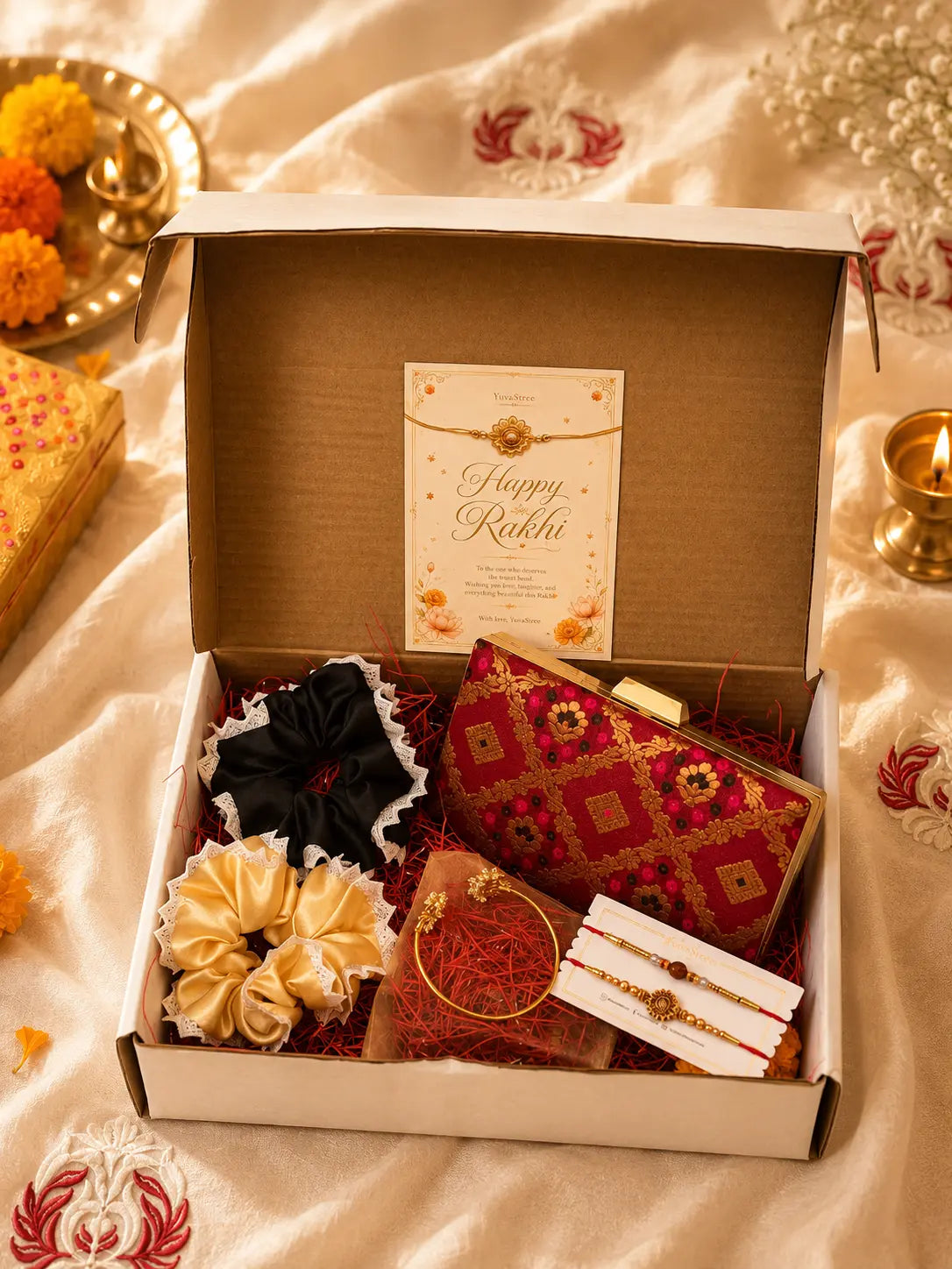 Rakhi Hamper - Annie Box Clutch - Red & Twin Lotus Pearl Bangle YuvaStree