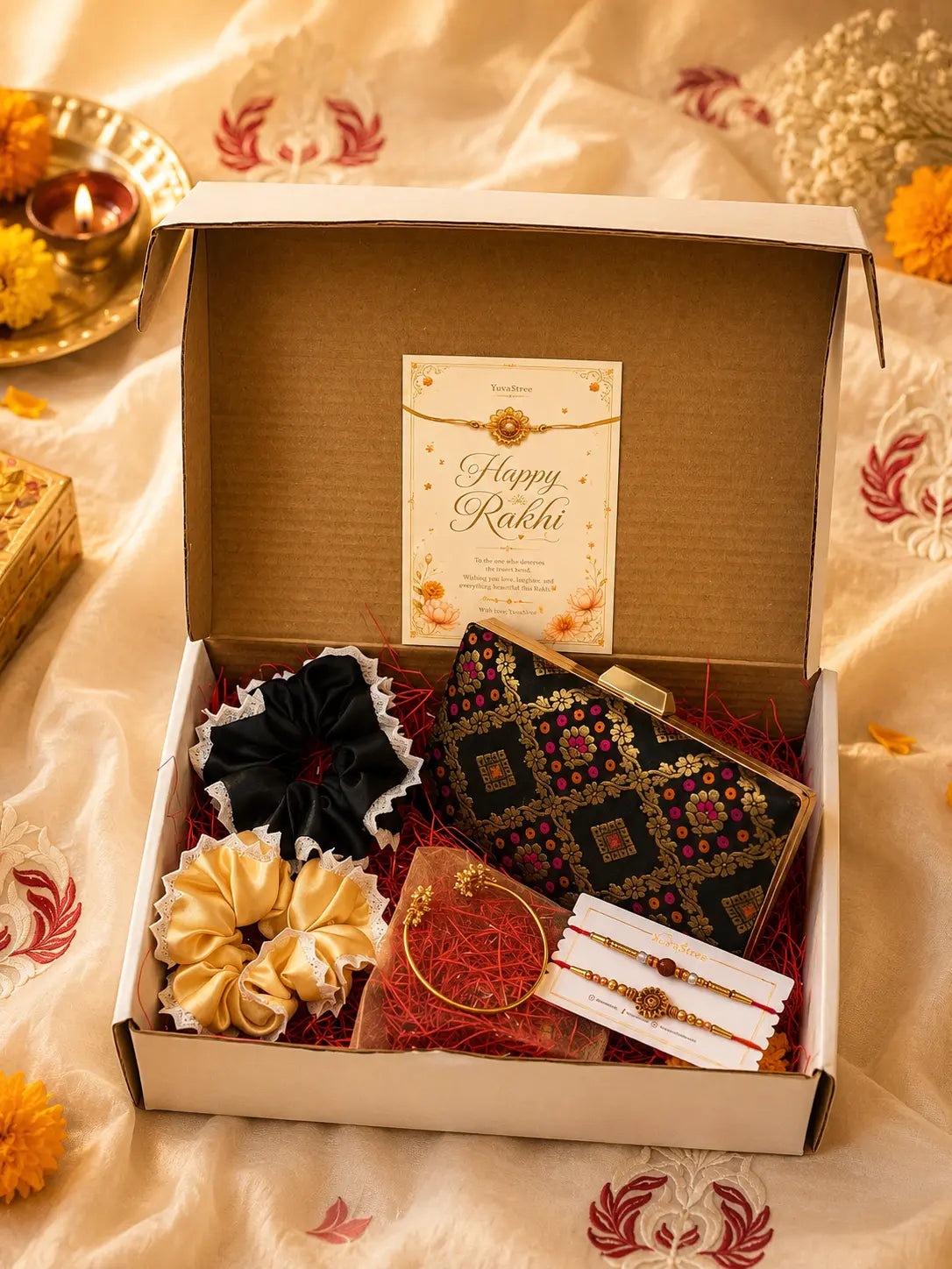 Rakhi Hamper - Annie Box Clutch - Black & Twin Lotus Pearl Bangle YuvaStree