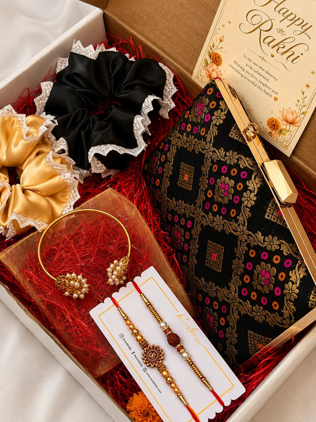 Rakhi Hamper - Annie Box Clutch - Black & Twin Lotus Pearl Bangle YuvaStree