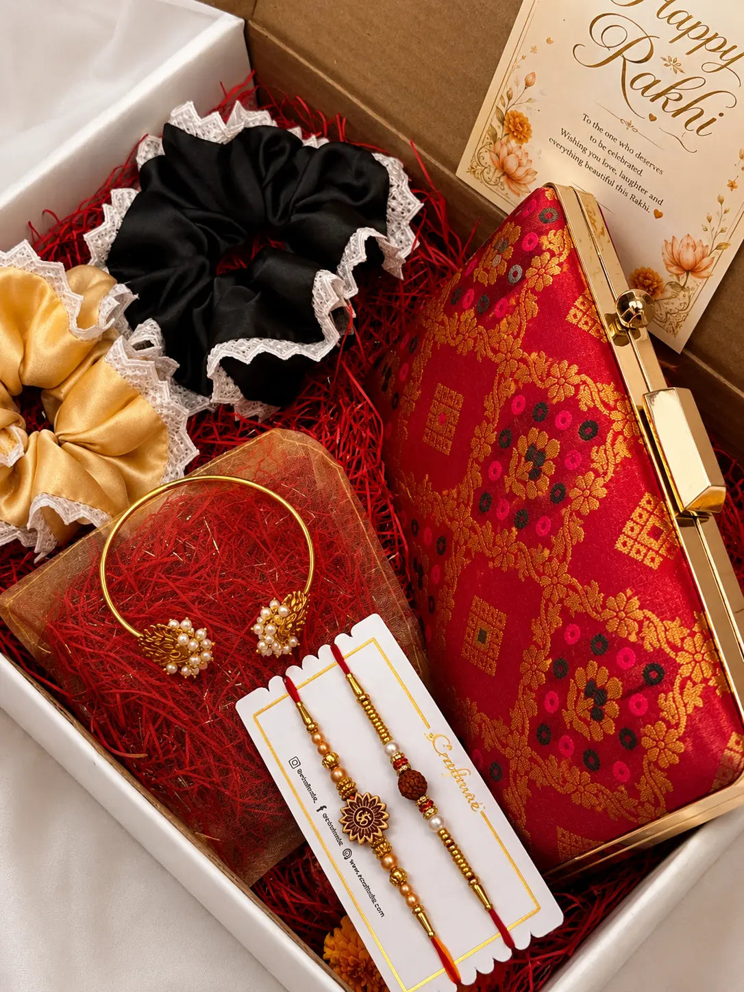 Rakhi Hamper - Annie Box Clutch - Red & Twin Lotus Pearl Bangle YuvaStree