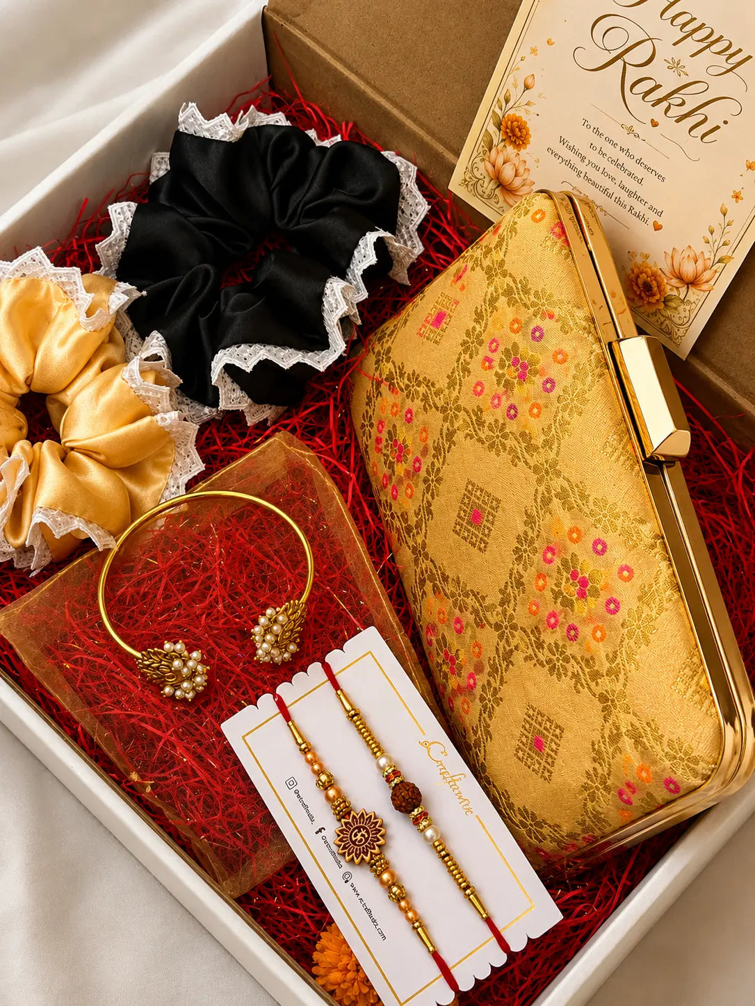 Rakhi Hamper - Annie Box Clutch - Beige Gold & Twin Lotus Pearl Bangle YuvaStree