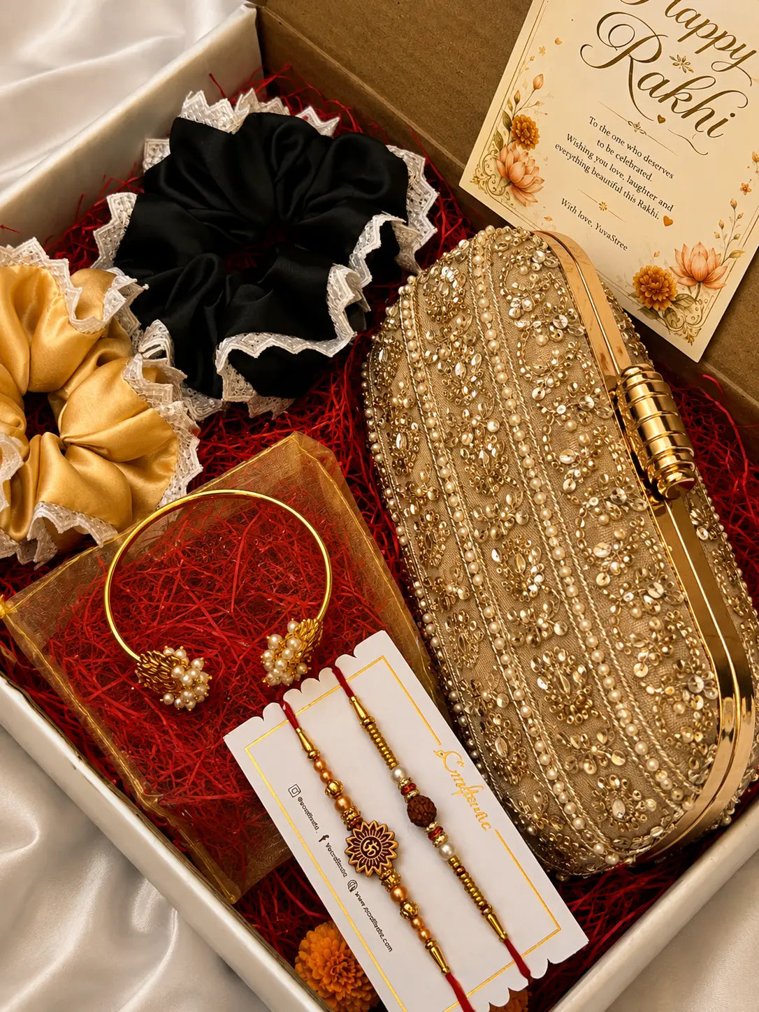 Rakhi Hamper - Noore Clutch Gold & Twin Lotus Pearl Bangle YuvaStree