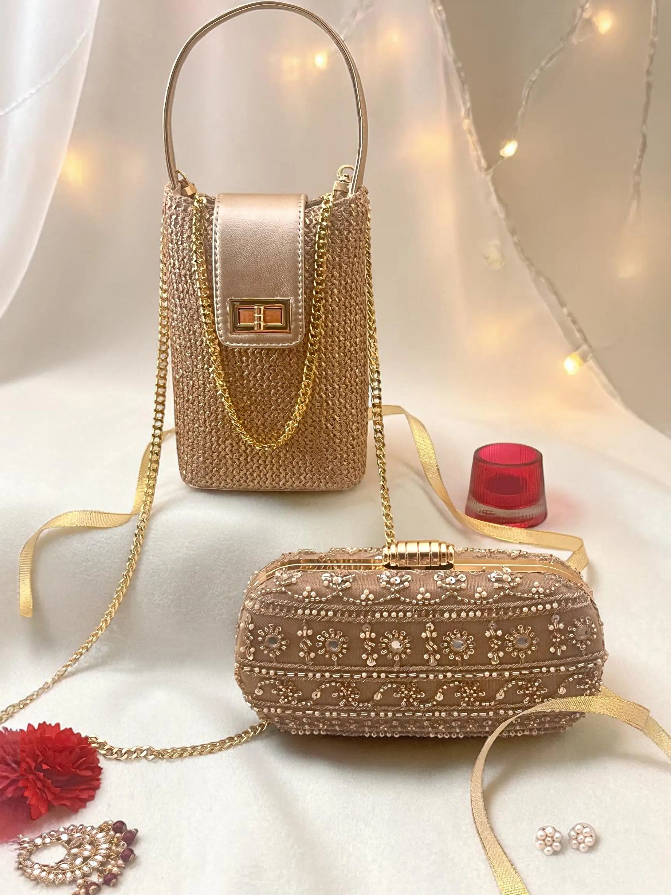 Bling Combo - Noor Mini Sling Antique Rose and Noore Capsule Clutch Gold Set of 2 YuvaStree